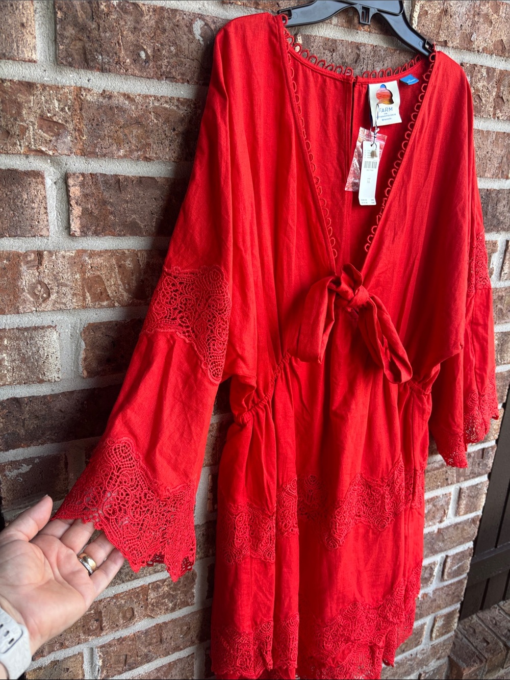 FARM Rio Red Mini Dress with Lace Trim tie front - Picture 4 of 10